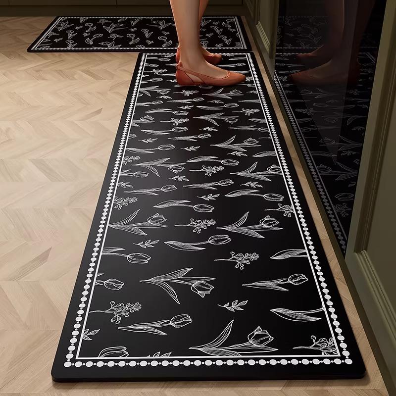 Kitchen Carpet PVC Waterproof Leather Rug Black and White Striped Non-slip Floor Mat Home Decoration Rugs Alfombras De Cocina