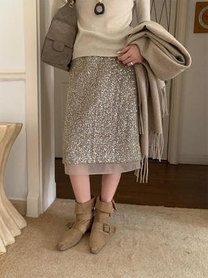 2025 Autumn/Winter Elegant High-End Sequin Chiffon Slimming Skirt with Slit