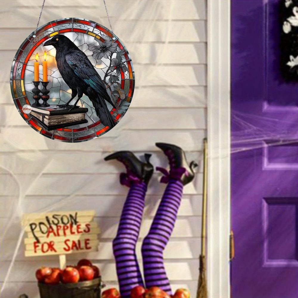 Catcher dei sogni rotondo in acrilico retrò 2D per Halloween - motivo pipistrello/corvo/gatto nero decorazione per finestra, decorazione per la casa horror da interni ed esterni