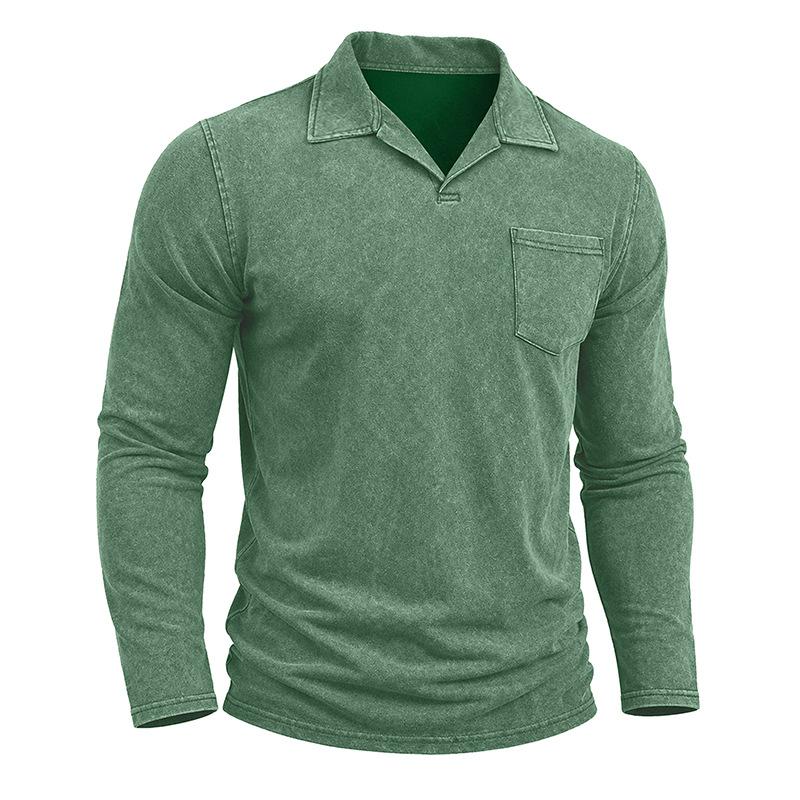 Men Vintage Washed Distressed Long Sleeve Polo Shirt Turn Down Collar Casual Top