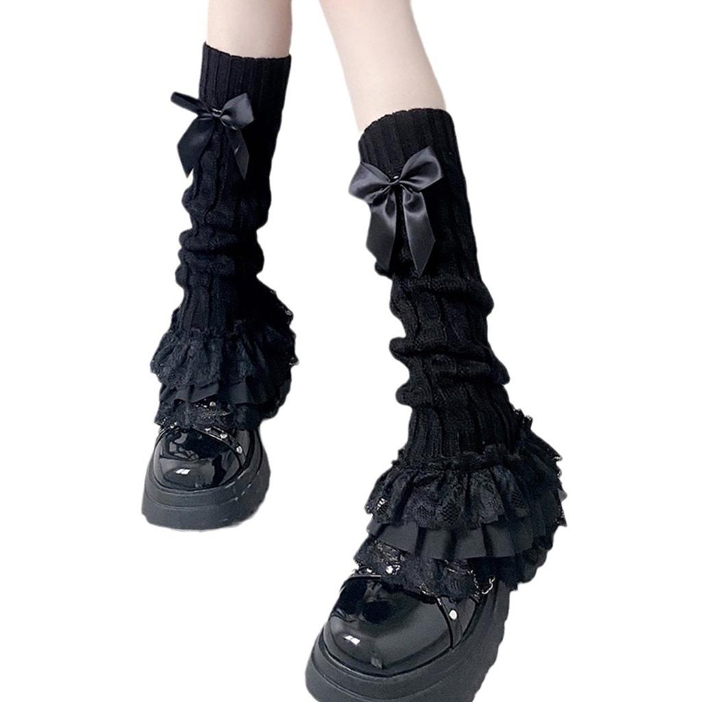 Aesthetic Elegant Layered Ruffle Lace Trim Leg Warmer for Women Cable Knit Leg Sleeve Covers Footless Socks with Bowknot