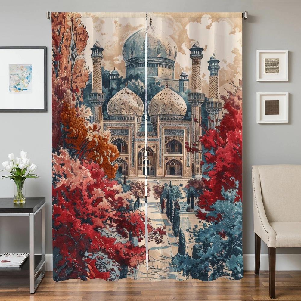 Kitchen Curtains for Living Room 2 Pieces Blackout Curtains Door Curtain Ancient Architecture Partition Bedroom Decoration Shade