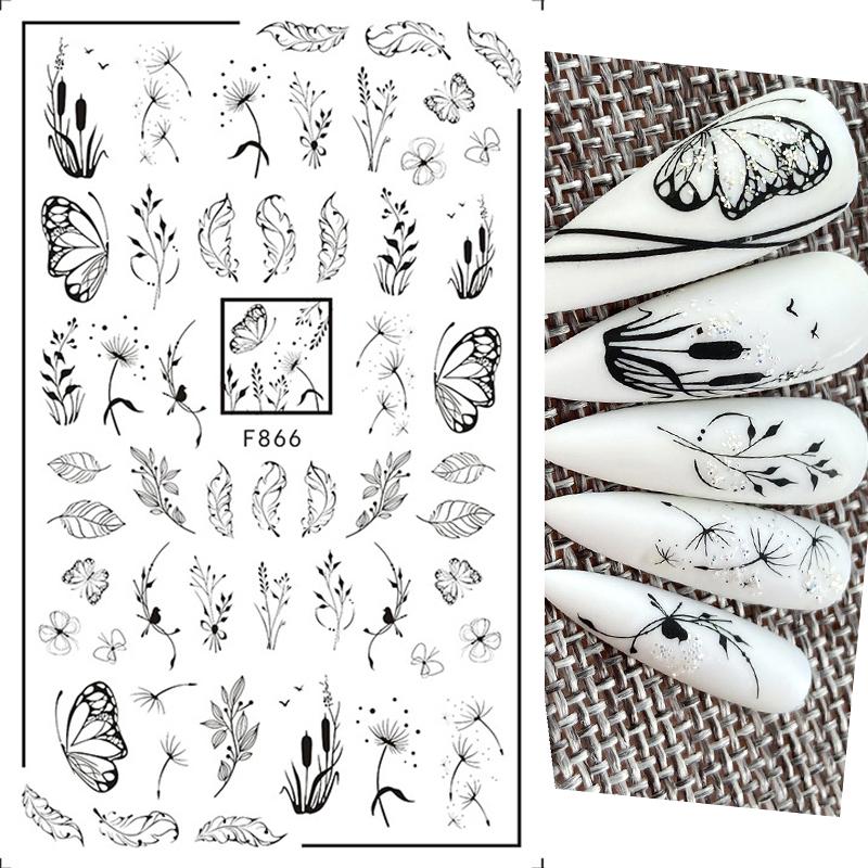 1PCS Black White Butterfly Laser Nail Stickers Nail Art Decoration Abstract Lines Bronzing Flowers Stickers For Nails