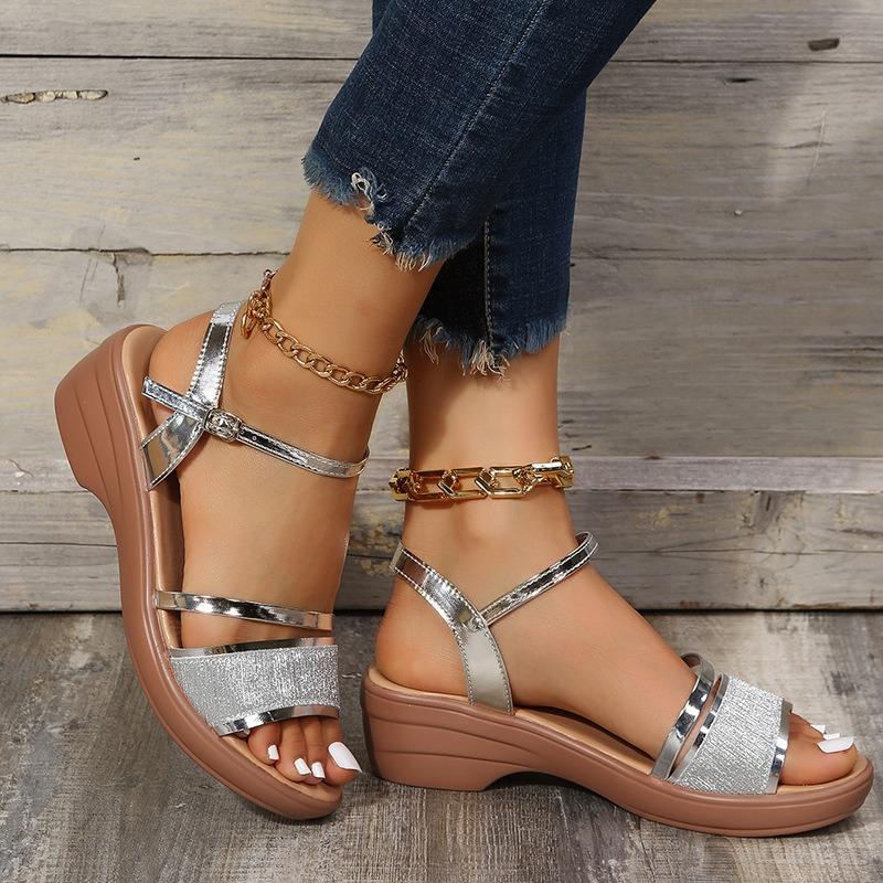 Summer New Rhinestone Thick-soled Comfortable Women's One-word Buckle Sandals Wedge Heel Sandals Women