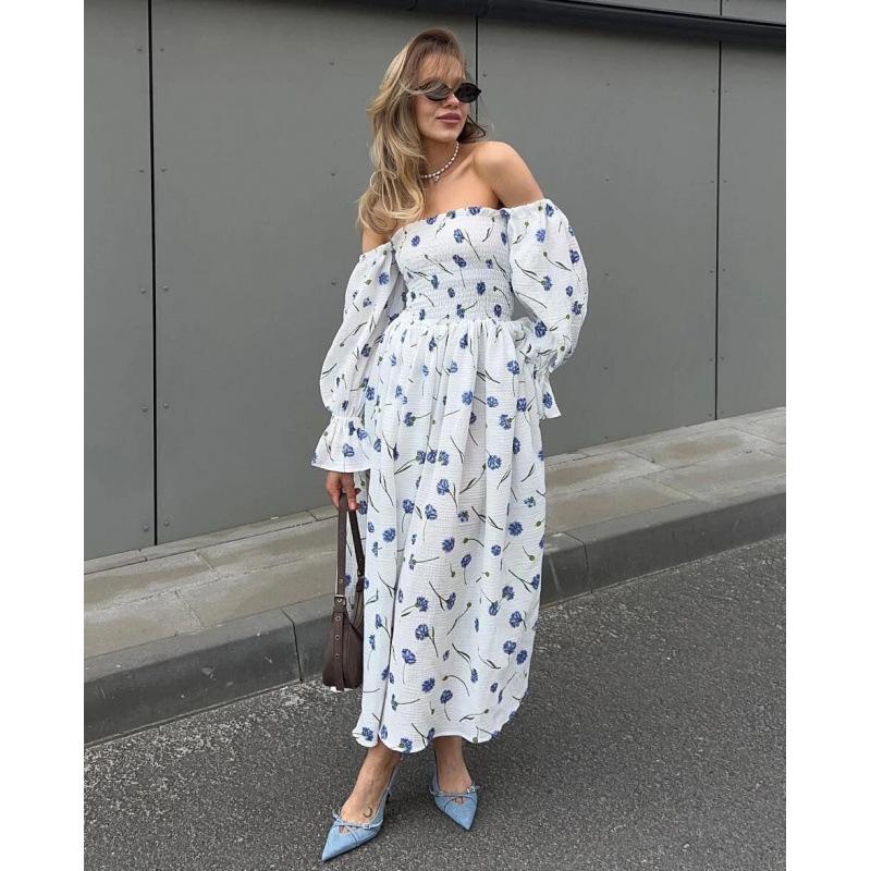 

2024 Осіннє Квіткове Плаття на Одне Плече з Плісуванням та Рукавами-Ліхтариками Large синій