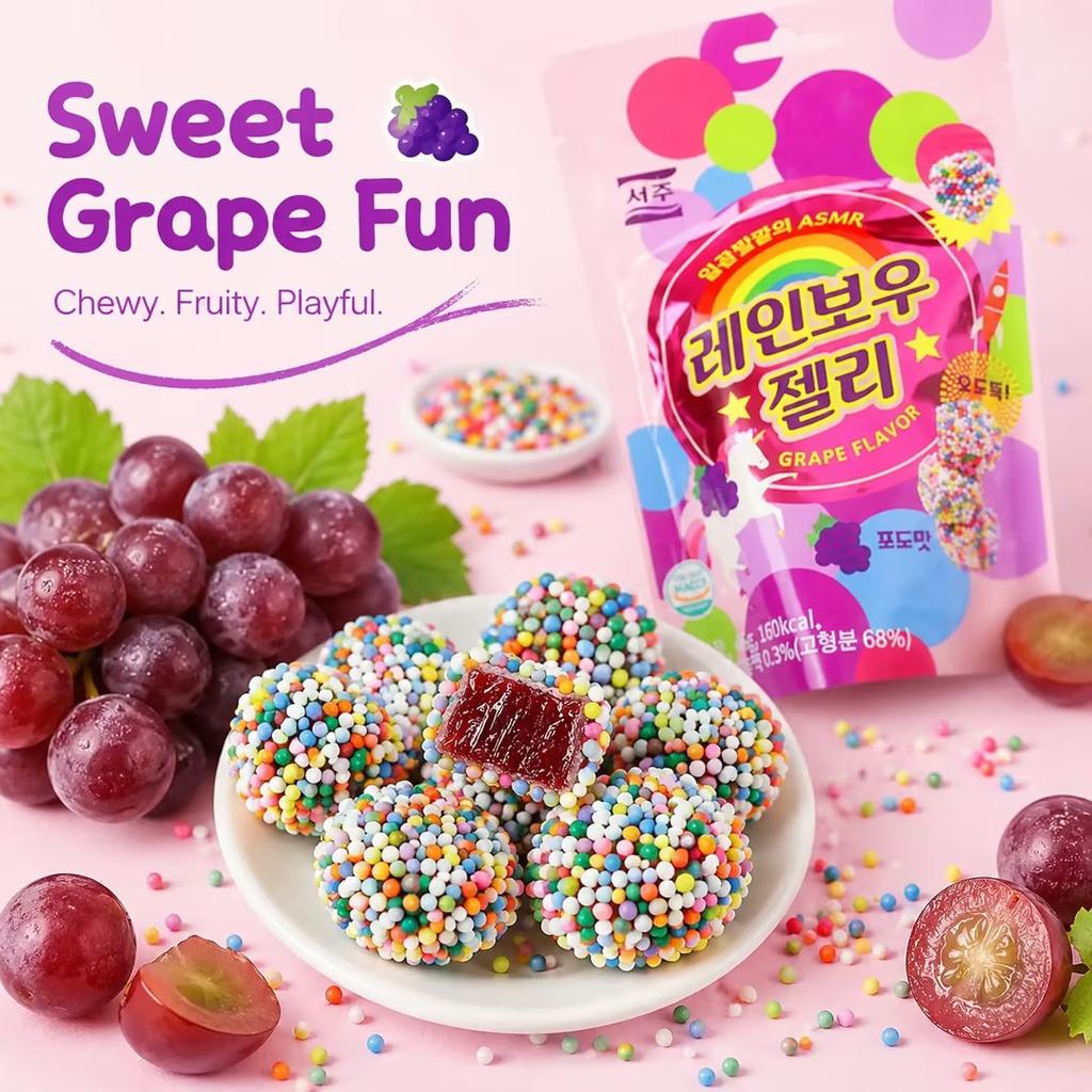 Gominolas SEOJU Sabor Uva Arcoíris 46g | Recubrimiento Crujiente de Virutas Arcoíris, Núcleo de Gominola de Uva Elástico, Textura Única en Capas