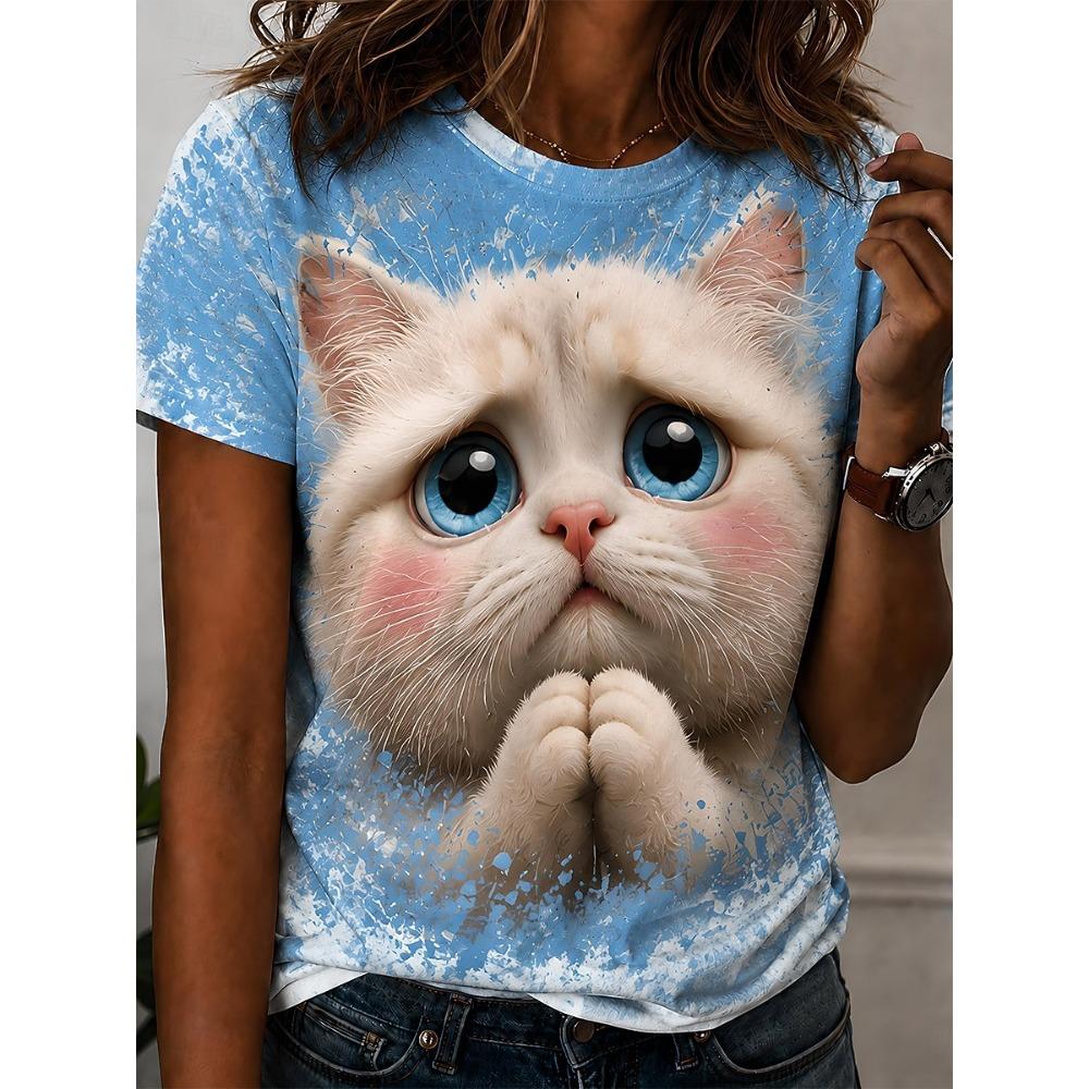 3D Cute Cat Graphic T-Shirt for Women Clothing Stylish Realistic Animal Summer Tees Casual Streetwear Paw Print Female Tops Gift