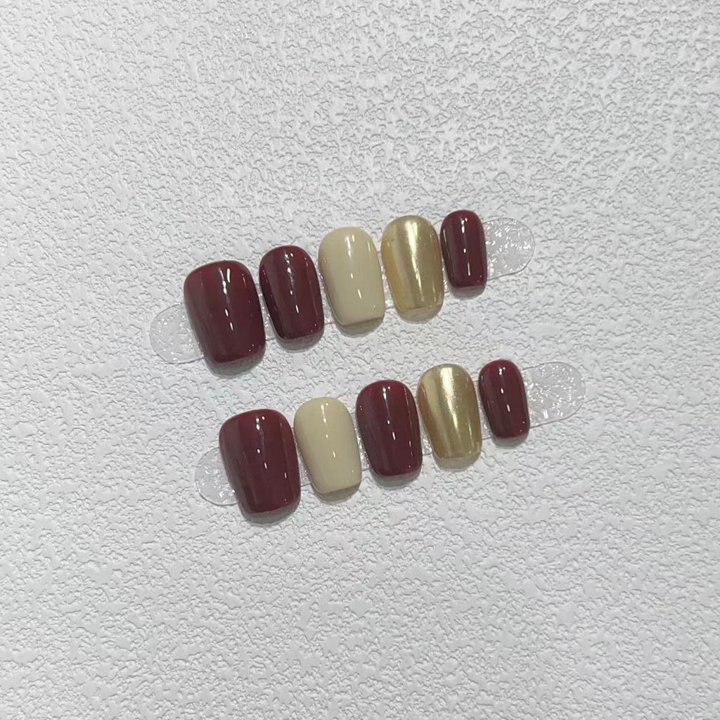 New Year's Manicure Pure Hand-wearing Nail Pieces Handmade High-end Simple Wine Red Jumping Magic Mirror Can Be Detached