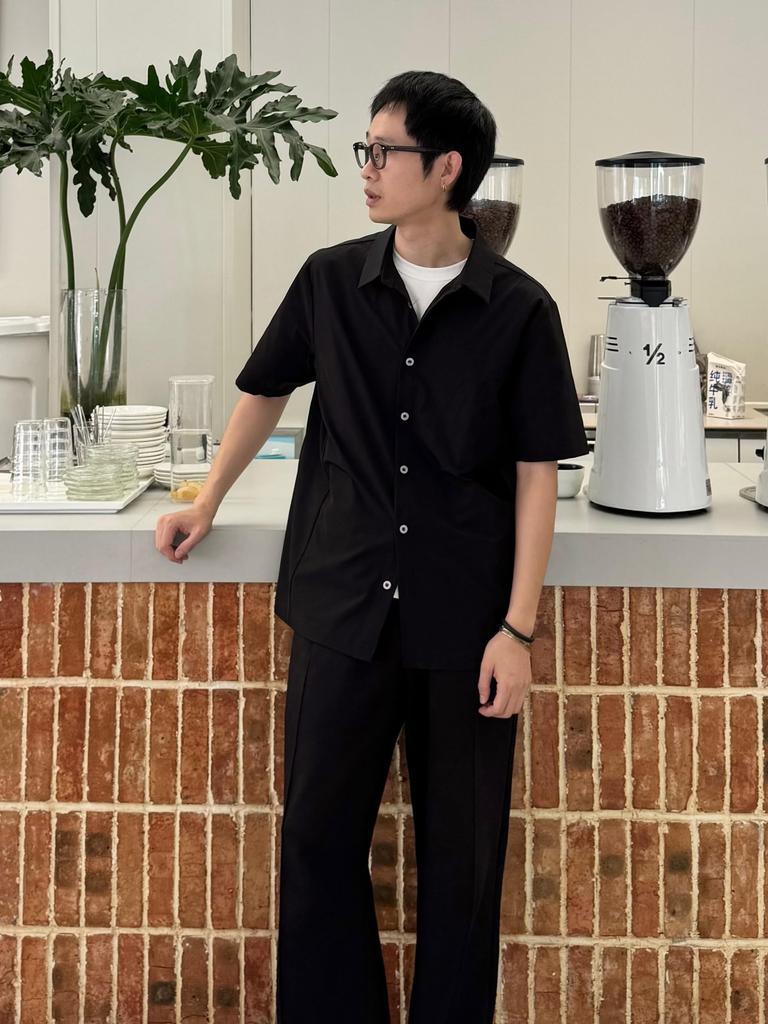 [CHANGE WELL] Men's 2025SS Fashion Summer Casual Lightweight Stretch 70D Nylon Quick-Drying Engineering Cut Short-Sleeve Shirt (BLACK, L)