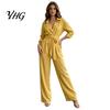 Women Wide Leg Pants V Neck Long Sleeves Jumpsuit, Collared One Piece Romper with High Waisted Jumpsuits Belt, Solid Color Dressy Casual Fall Outfits