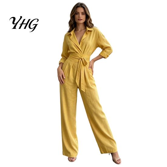 Women Wide Leg Pants V Neck Long Sleeves Jumpsuit, Collared One Piece Romper with High Waisted Jumpsuits Belt, Solid Color Dressy Casual Fall Outfits