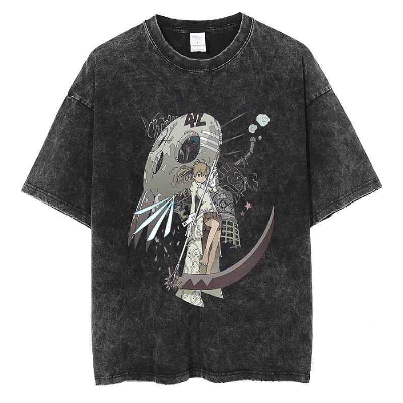 Soul Eater Manga Death The Kid Print Tshirt Vintage Washed Streetwear Men Women Casual Oversized Summer Cotton Graphic Tee