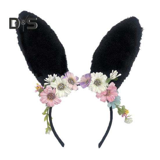 

Повязка на голову с большими кроличьими ушками, декор из искусственных цветов, романтический стиль, пасхальные вечеринки, представления, головной убор чёрный
