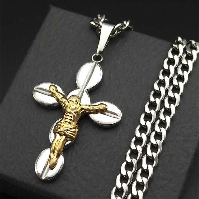Catholic Jesus Cross Crucifix Pendant Necklace for Women Men Stainless Steel Gold Color Christ Amulet Chain Jewelry Party Gift