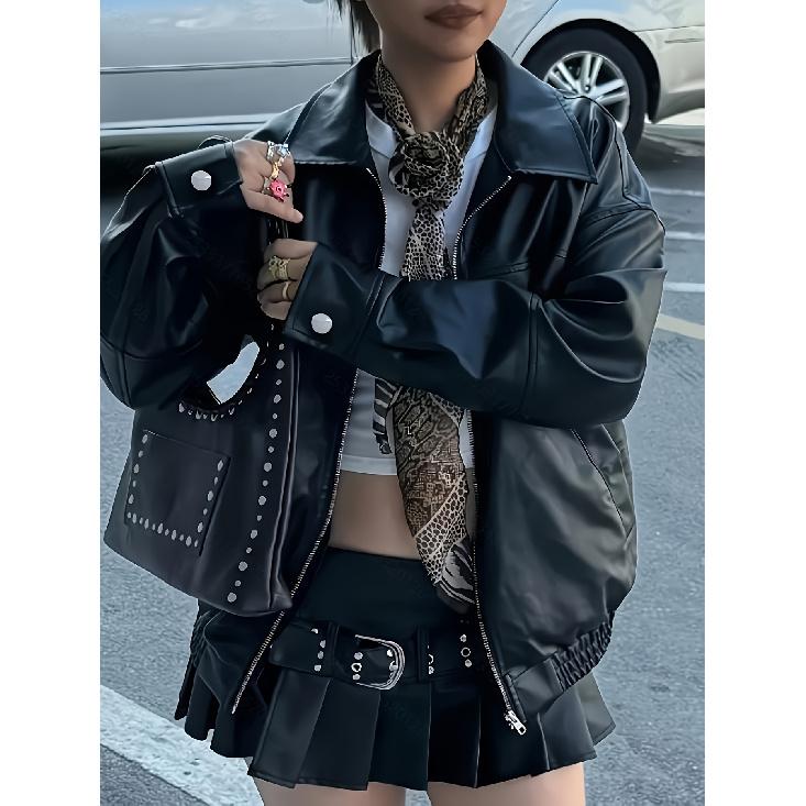 Women's Short Faux Leather Jacket Street Style Zipper PU Leather Riding Jacket Vintage Casual Fashion Jacket  Spot Goods