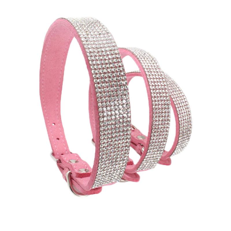 Comfortable Suede Fiber Crystal Dog Collar Glitter Rhinestone Pet Products Zinc Alloy Buckle Collar for Dog Supplys