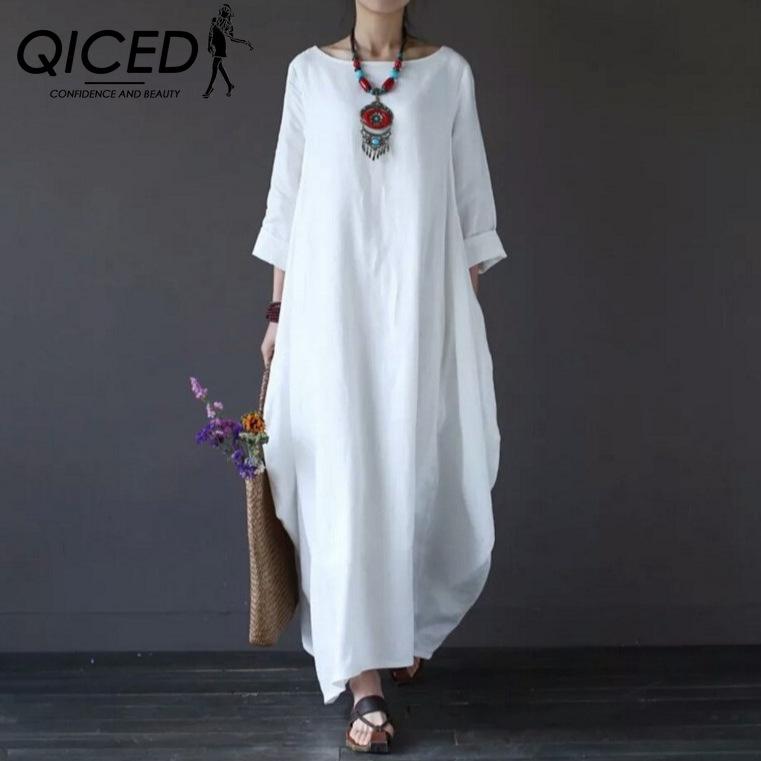 

QICED Весна Лето Свободное длинное платье из хлопка и конопли большого размера