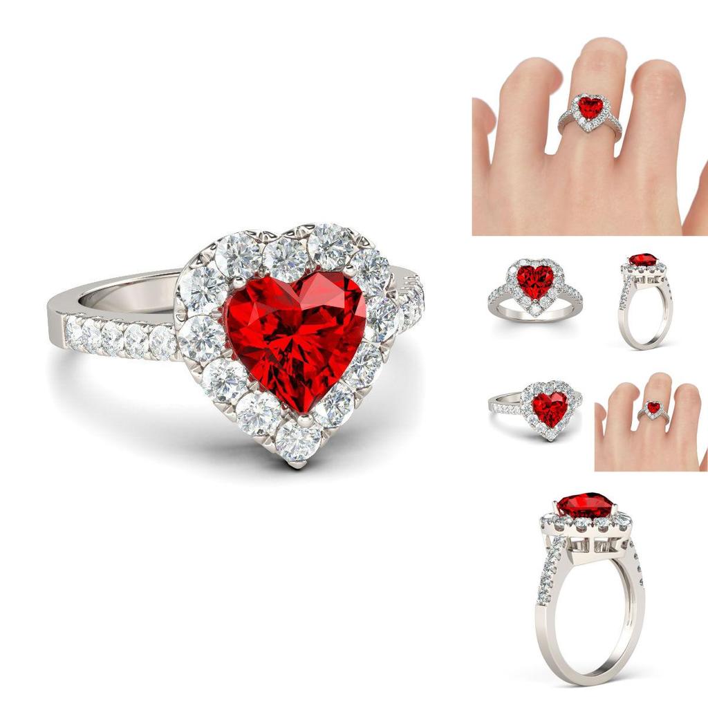 Elegant Silver Plated Ring With Red Ruby Gemstone Rhinestone For Proposal Gift