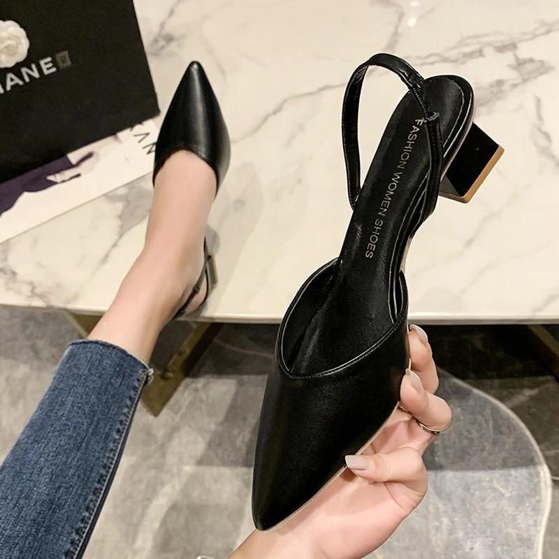 

Женские босоножки на каблуке, летняя мода, сексуальные, с острым носком, квадратный каблук, карамельного цвета, женские туфли-мюли, вечерние, свадебные, женские туфли-лодочки, новые 39 чёрный