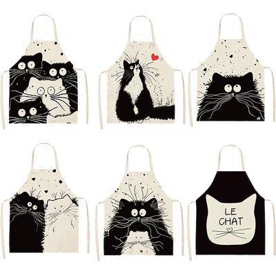 Black and White Cat Cartoon Linen Apron, Sleeveless Neck Hanging for Home Cooking, Anti-fouling Cooking Waist Children's Bib
