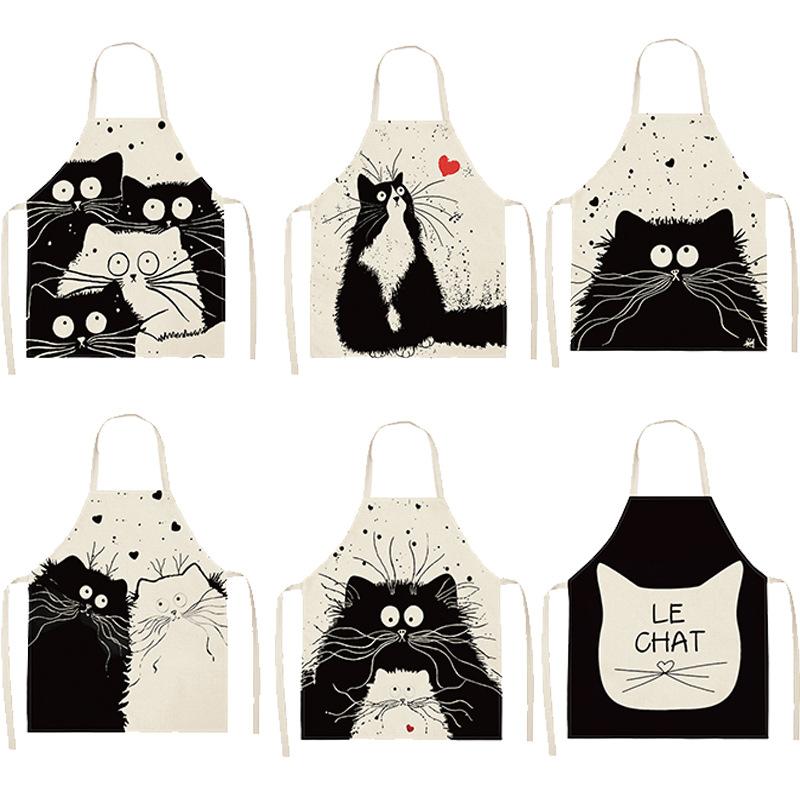 Black and White Cat Cartoon Linen Apron, Sleeveless Neck Hanging for Home Cooking, Anti-fouling Cooking Waist Children's Bib