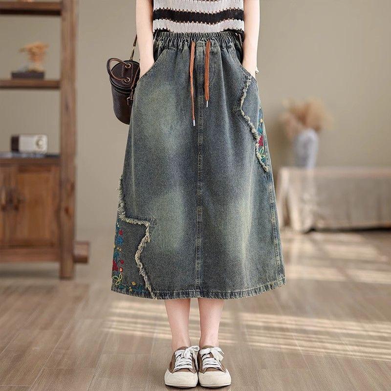 Embroidered denim skirt women s spring and summer loose large size elastic waist strap versatile hip covering a word long skirt M