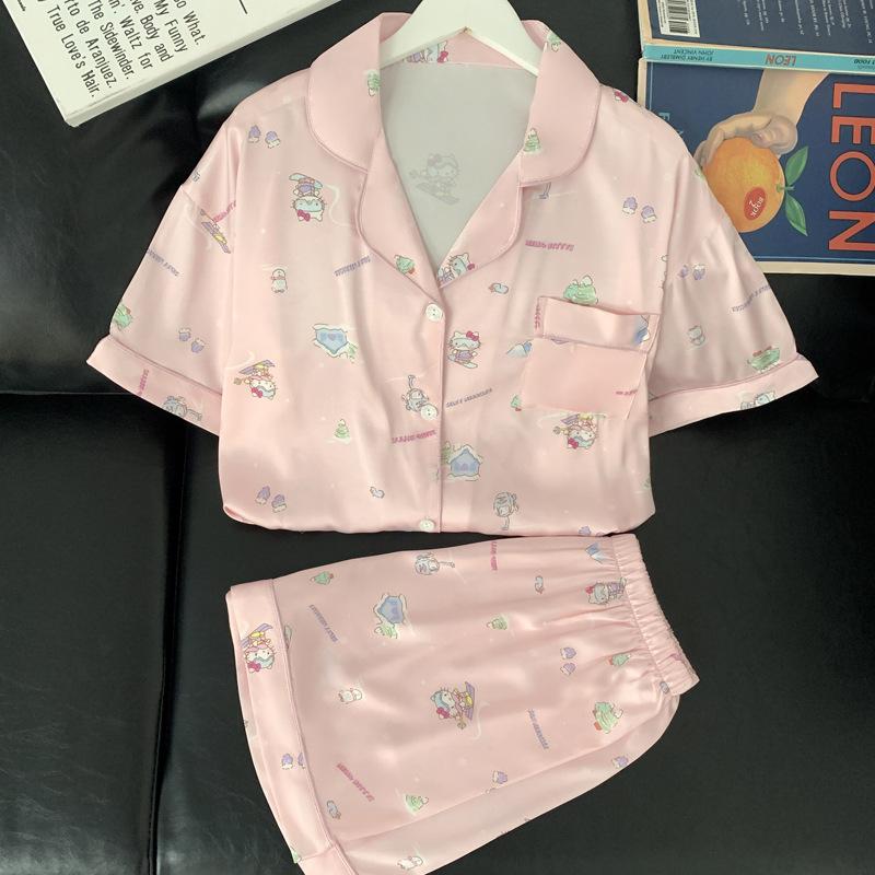 Sweet And Cute Wind Cartoon Ice Silk Pajamas Girl Summer Short-Sleeved Silk Cool Loungewear Suit
