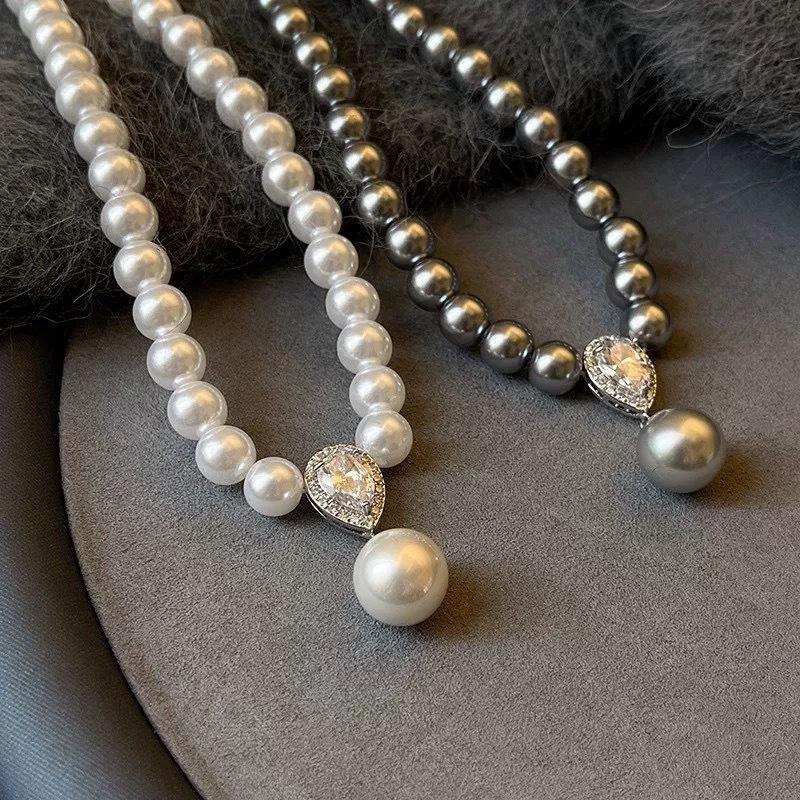 Pearl Zircon Teardrop Necklace French Style All-match High-end Pendant Light Luxury Clavicle Necklace Pearl Necklace for Women