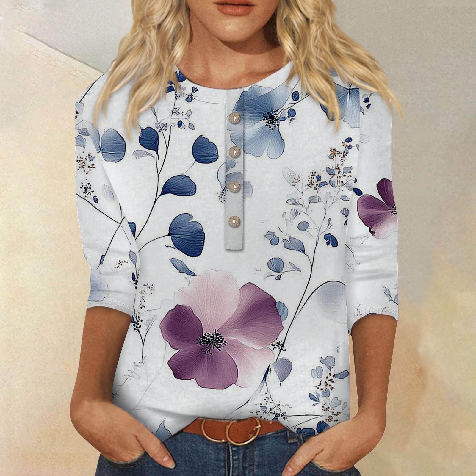 

Женская мода повседневная 3/4 рукава цветочный принт пуловер круглый вырез топ повседневная одежда L синий