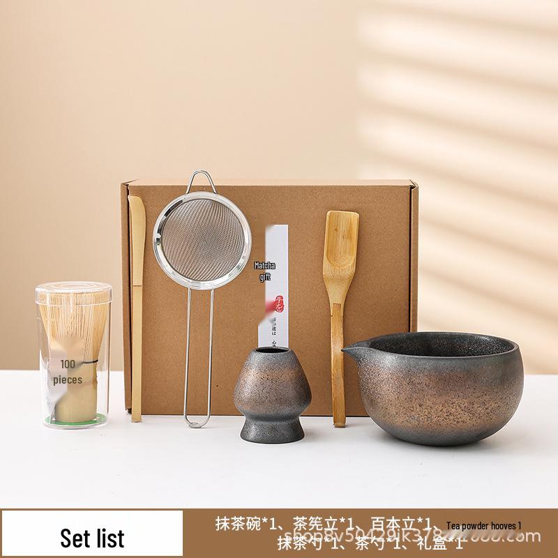 Japanese Gilded Iron Glaze Matcha Bowl and Whisk Holder - Retro Coarse Pottery for Tea Ceremony Accessories
