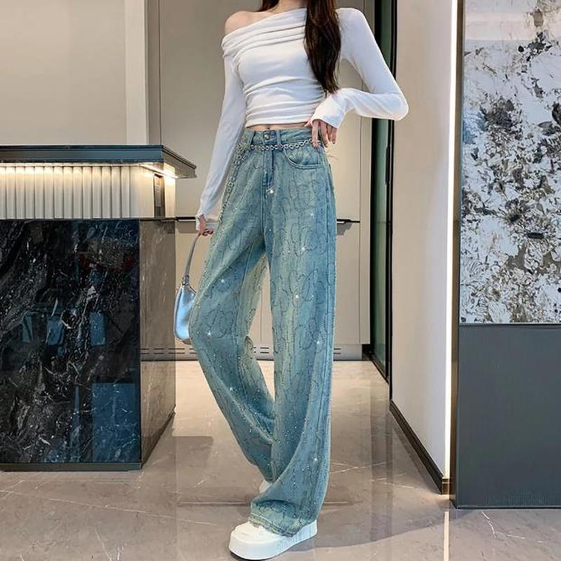 Stamping Diamond Jeans Women Spring Autumn Shiny Rivet Wide Leg Pants Straight Loose Denim Pants
