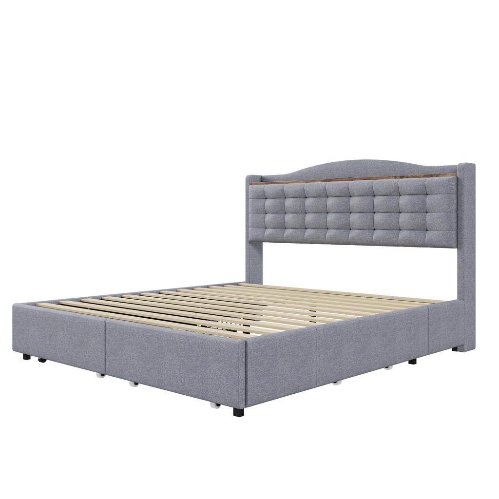Cama Estofada 160*200 cm, Mesa de Cabeceira com Porta de Carregamento USB e Prateleira, Cama de Casal Plana com 4 Gavetas, Tecido de Linho Cinza