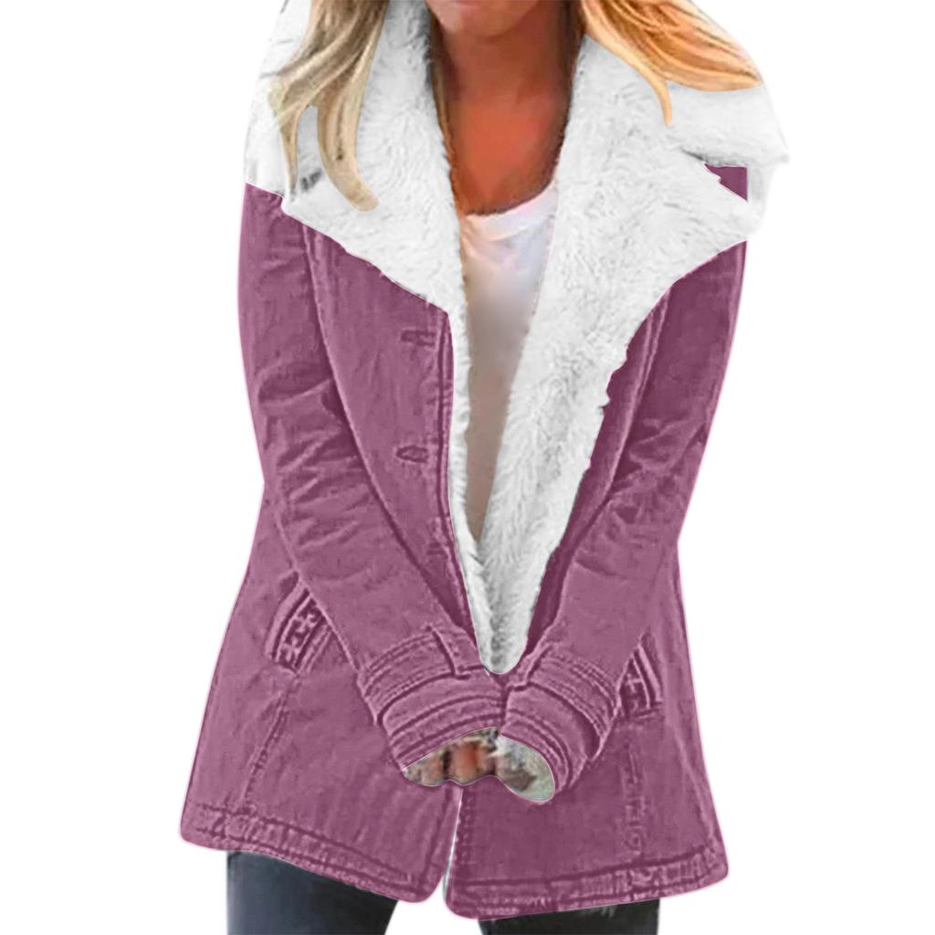 Women's Lapel Sherpa Lined Denim Jacket Straight Fit Urban Style Warm Fleece Winter Outer Coat