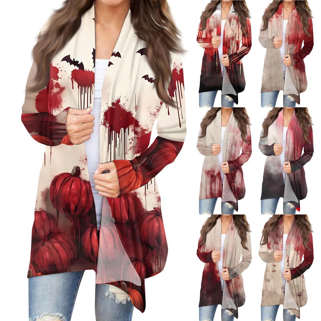 Women's Halloween Print Long Sleeve Front Cardigan Printed Top Lightweight Jacket