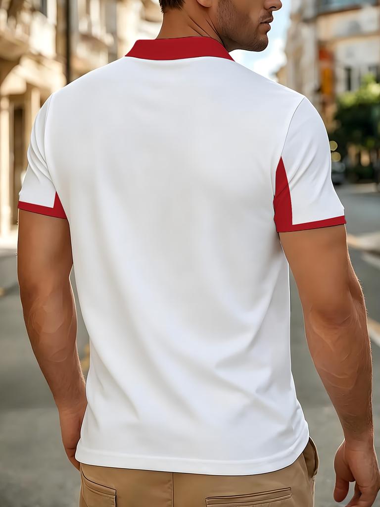 Summer Stylish Men's Short-Sleeve Knit Casual Shirt, Mature Geometric Stripe Business Lapel Sport Fabric T-Shirt