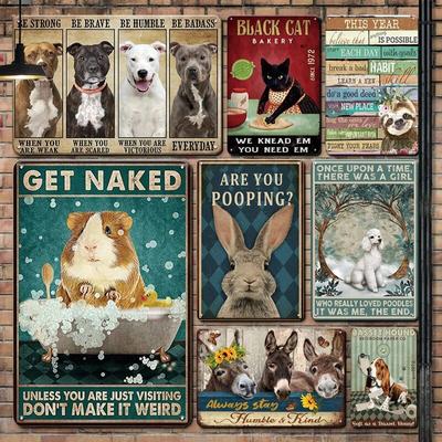 Retro Plaque Metal Vintage Poster Black Cat Slogan Metal Sign Funny Cat Dog Bulldog  Metal Sign Bar Home Bathroom Wall Decor
