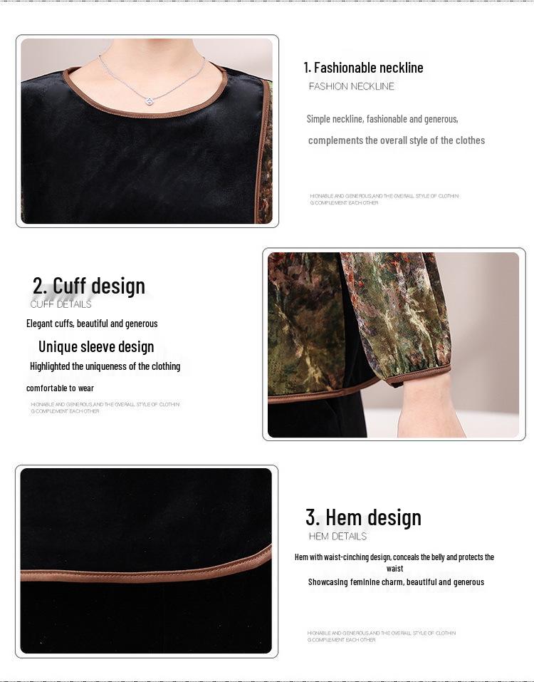 Costum elegant de catifea: Set de primăvară din două piese în stil etnic pentru femei de vârstă mijlocie – Design subțire pentru mărime plus