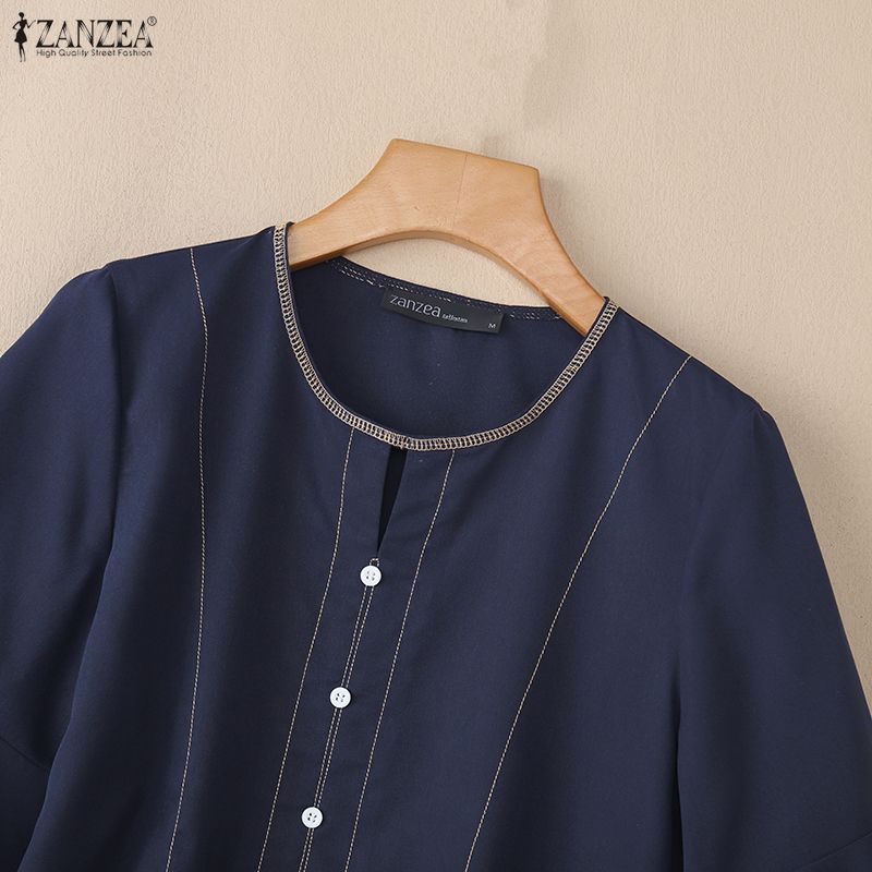 ZANZEA Women Casual Round Neck Solid Color Loose Half Sleeve Blouse
