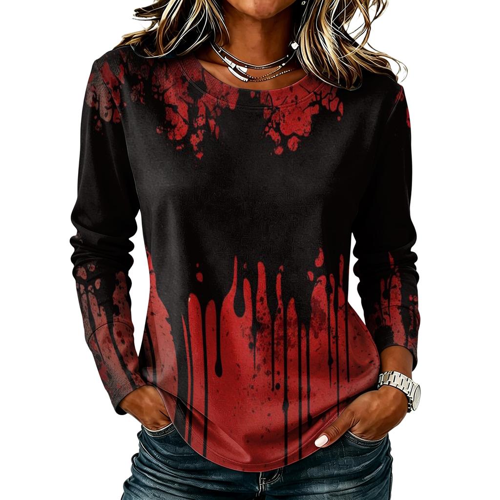 Women's Casual Long Sleeve Halloween Print Top, Round Neck Blouse for Fall Daily Wear