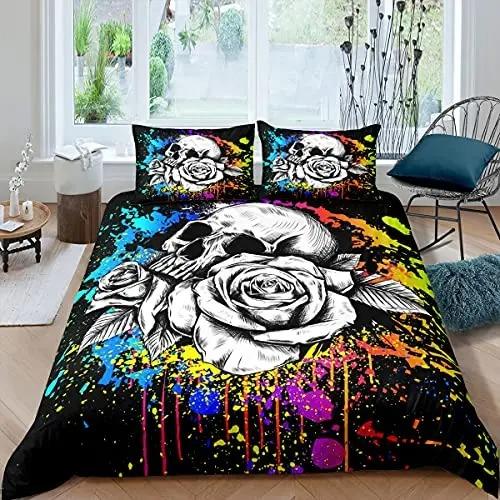 

Skull Rose Skeleton Theme Duvet Cover Set Polyester Comforter Pillowcase King Queen Size Bedding Set for Kid Boy Teen EU Single(135*200cm)3pcs