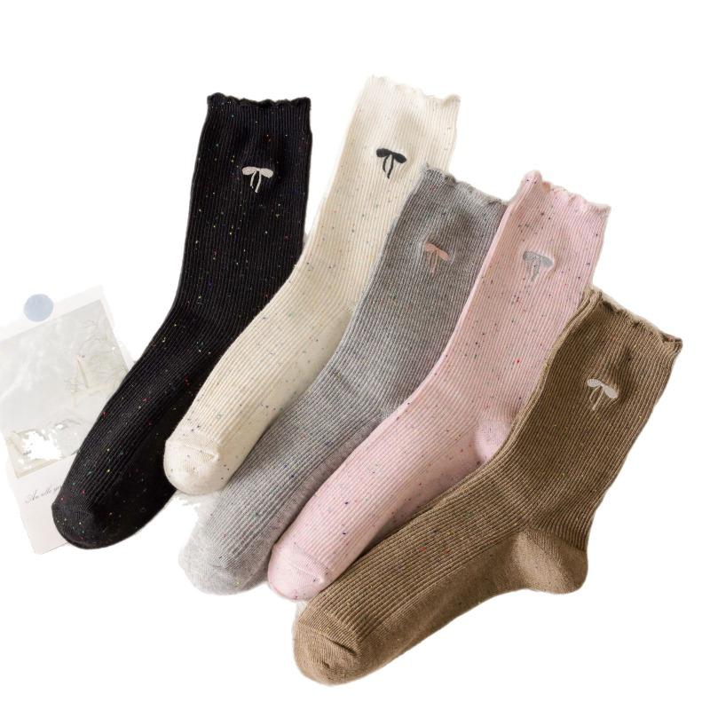 Pointed Yarn Pile Socks - Children's Autumn and Winter Embroidered Bow Tie Mid-calf Socks, Trendy and Versatile Lace Long Socks