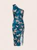 European & American Summer 2025 One-Shoulder Printed Bodycon Dress with High Slit
