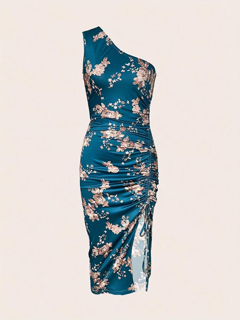 European & American Summer 2025 One-Shoulder Printed Bodycon Dress with High Slit