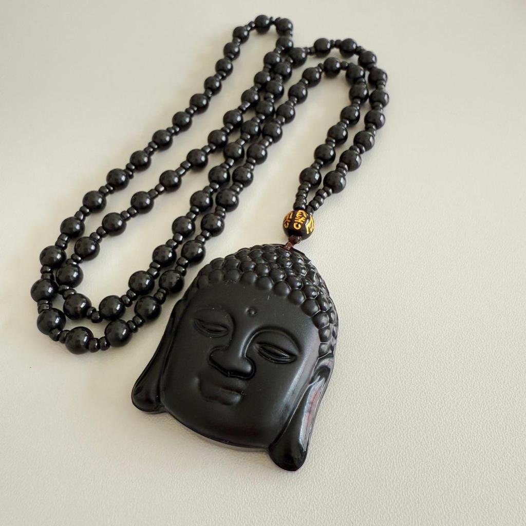 Black Obsidian Buddha Head Necklace with Green Buddha Pendant