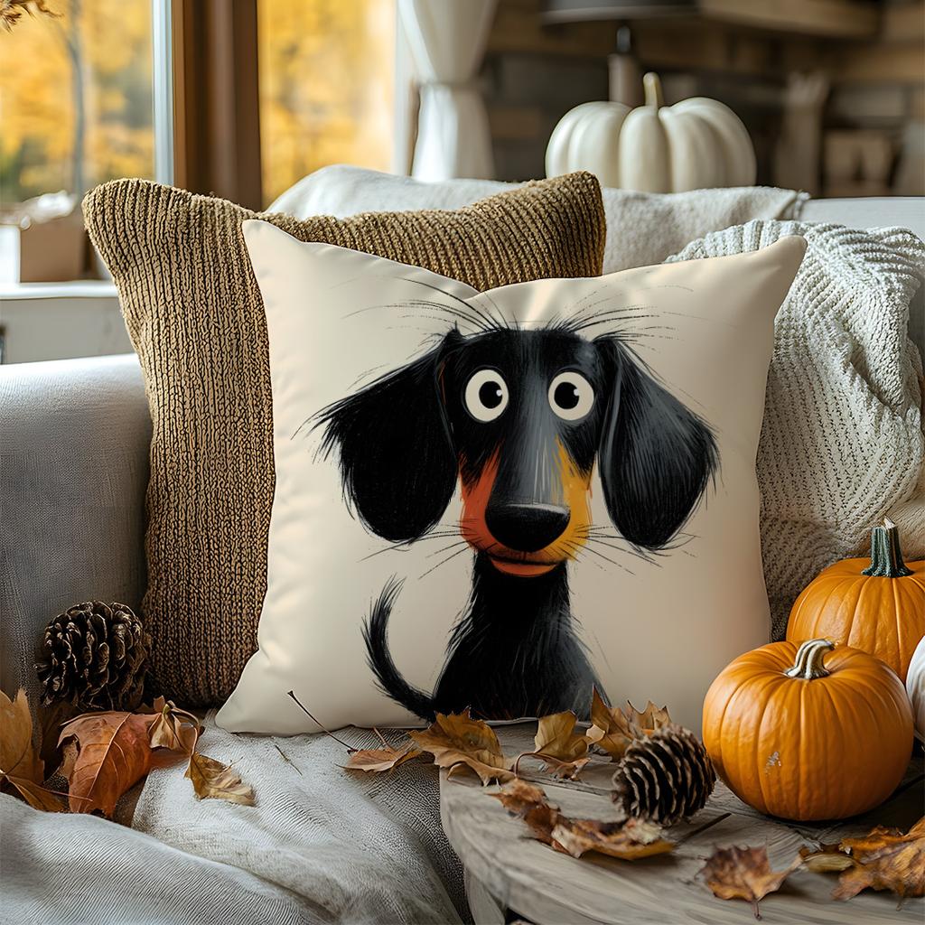 1Pc Cartoon Dachshund Themed Printed Throw Pillow Cover, Suitable For Sofa, Bedroom, Living Room, A Fun Gift For Dog Lovers.