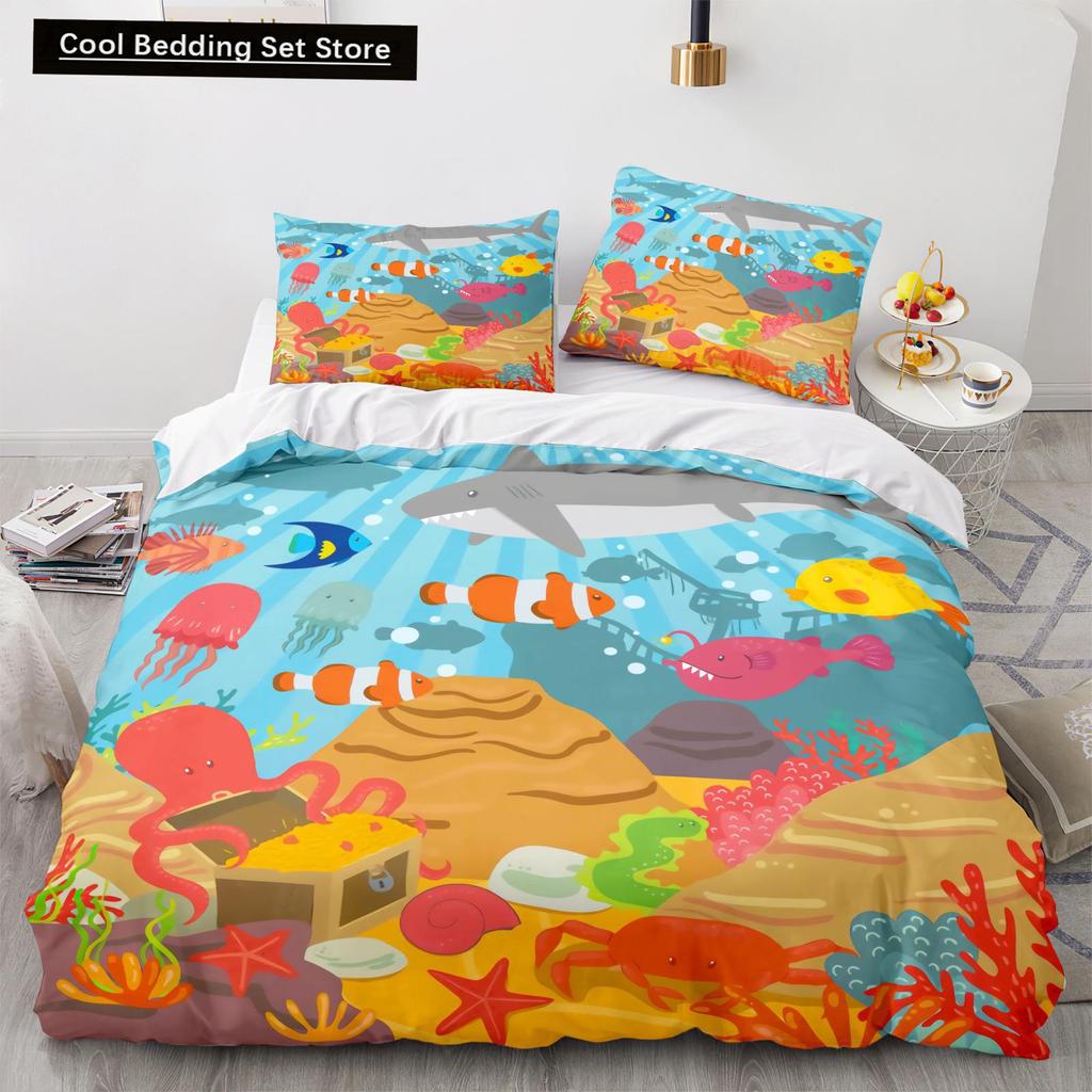 Underwater World King Queen Duvet Cover Cartoon Ocean Animal Bedding Set for Kids Fish Coral Sea Life Soft Polyester Quilt Cover