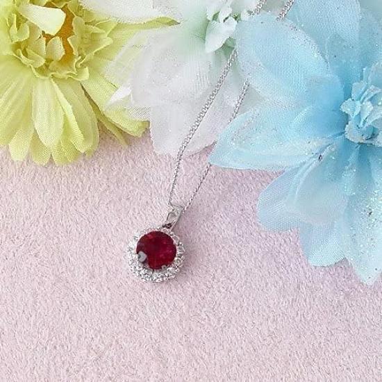 [Your and My Jewelry Box] Ruby Necklace Pendant, Synthetic Ruby 2.0 Carat, Luxurious CZ Surround [July Birthstone] 14206 [Jewelry] [Gift Wrapped]