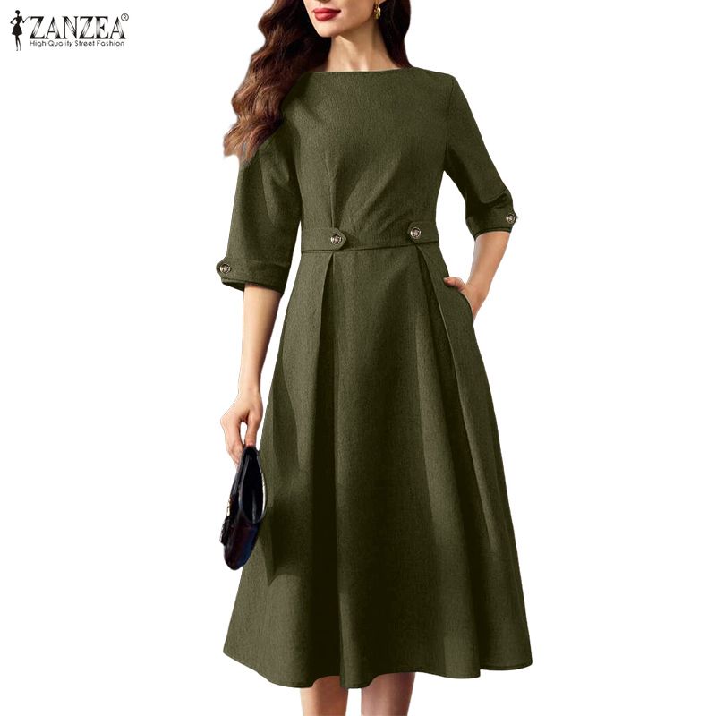 ZANZEA Női Elegáns Alkalmi Kerek Nyakú Egyszínű 3/4 Ujjú Midi Ruha