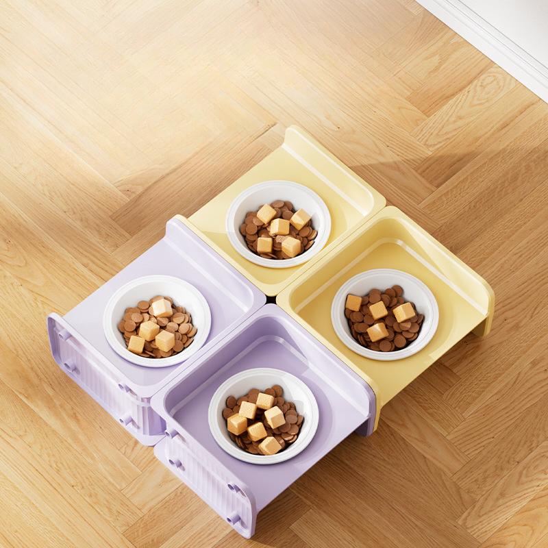 Ceramic Cat Bowl Square Elevated Bowl Adjustable Height Neck Guard Food Bowl Anti-Tip Cat and Dog Rice Bowl