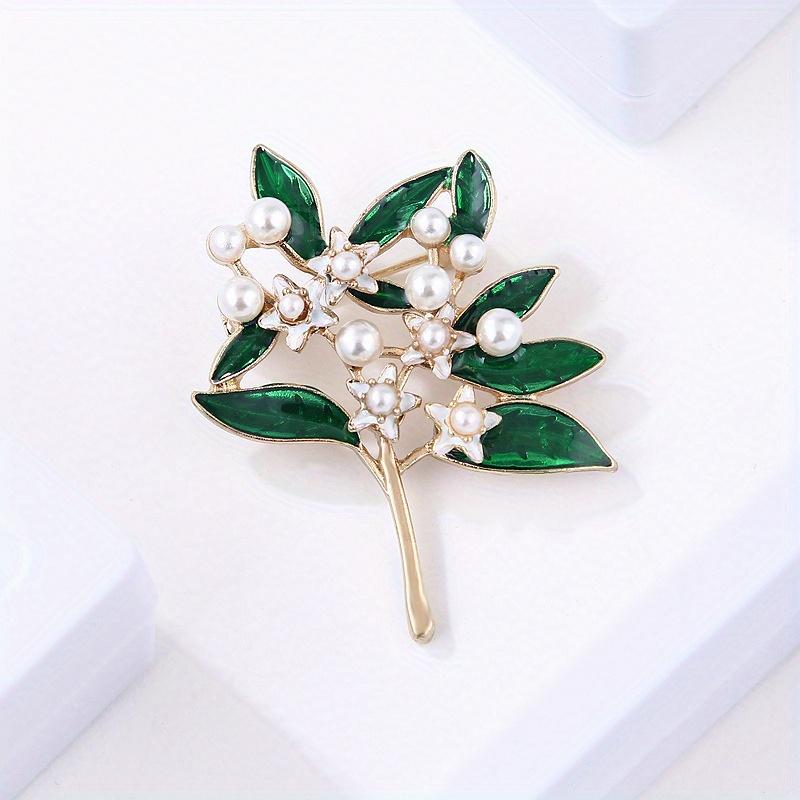 Vintage Enamel Green Leaf Pearl Flower Brooch - Elegant Unique Design, Unisex Luxury Jewelry, Perfect Holiday Gift